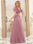 V-Neck Floor-Length Short Sleeve Tulle Bridesmaid Dresses – Purple Orchid