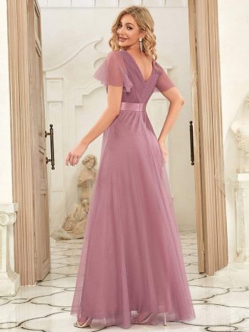 V-Neck Floor-Length Short Sleeve Tulle Bridesmaid Dresses - Purple Orchid