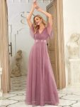 V-Neck Floor-Length Short Sleeve Tulle Bridesmaid Dresses – Purple Orchid