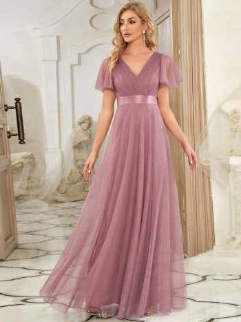 V-Neck Floor-Length Short Sleeve Tulle Bridesmaid Dresses - Purple Orchid