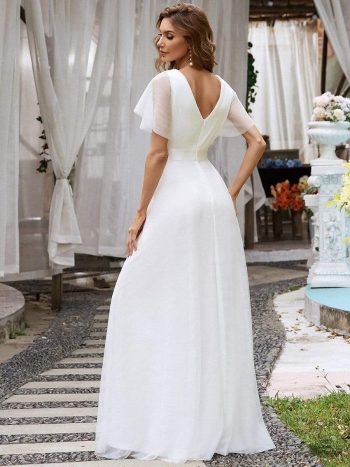 Double V-Neck Floor-Length Short Sleeve Tulle Bridesmaid Dresses - White