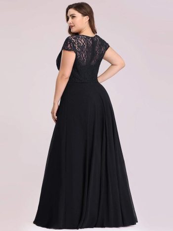 Plus Size Cap Sleeve Maxi Evening Dress for Wedding Guest - Black