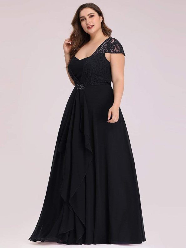 Plus Size Cap Sleeve Maxi Evening Dress for Wedding Guest - Black