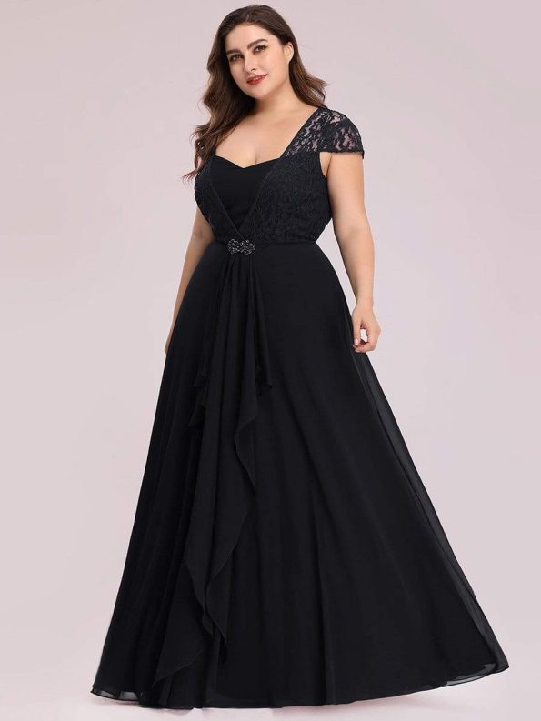 Plus Size Cap Sleeve Maxi Evening Dress for Wedding Guest - Black