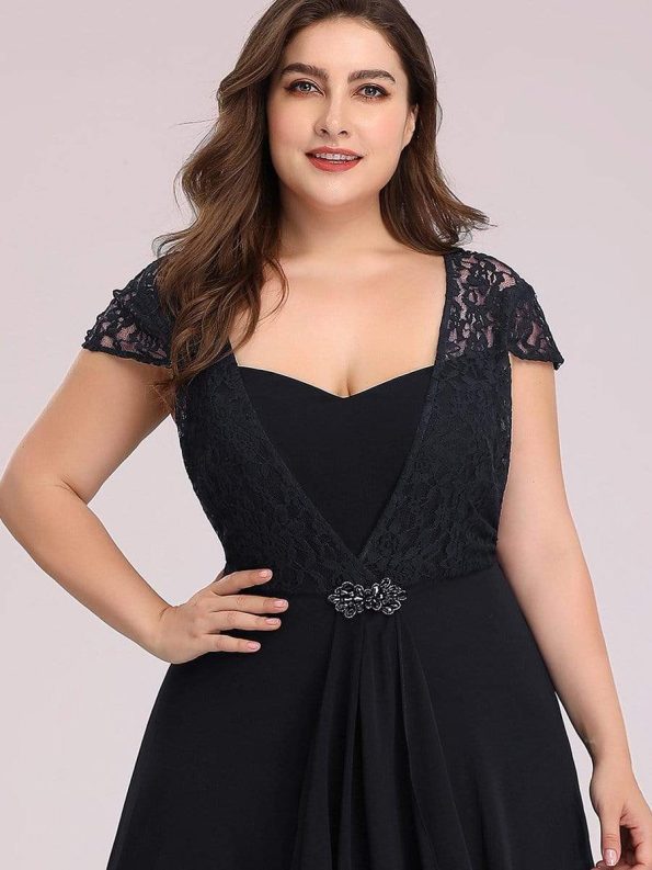 Plus Size Cap Sleeve Maxi Evening Dress for Wedding Guest - Black