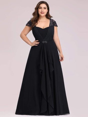 Plus Size Cap Sleeve Maxi Evening Dress for Wedding Guest - Black