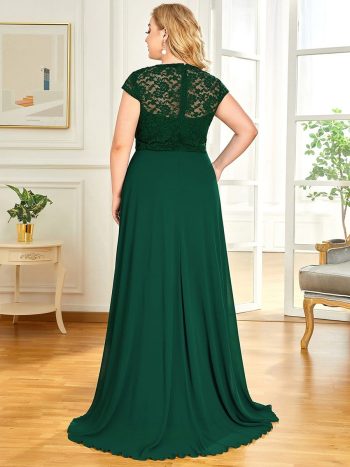 Plus Size Cap Sleeve Maxi Evening Dress for Wedding Guest - Dark Green