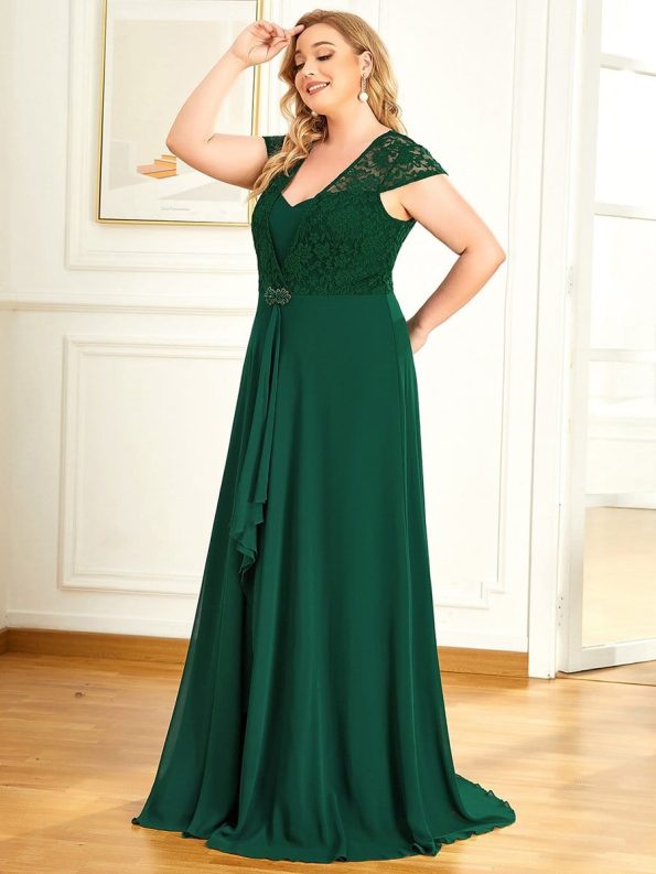 Plus Size Cap Sleeve Maxi Evening Dress for Wedding Guest - Dark Green