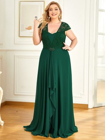 Plus Size Cap Sleeve Maxi Evening Dress for Wedding Guest - Dark Green