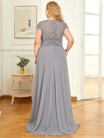 Plus Size Cap Sleeve Maxi Evening Dress for Wedding Guest - Grey