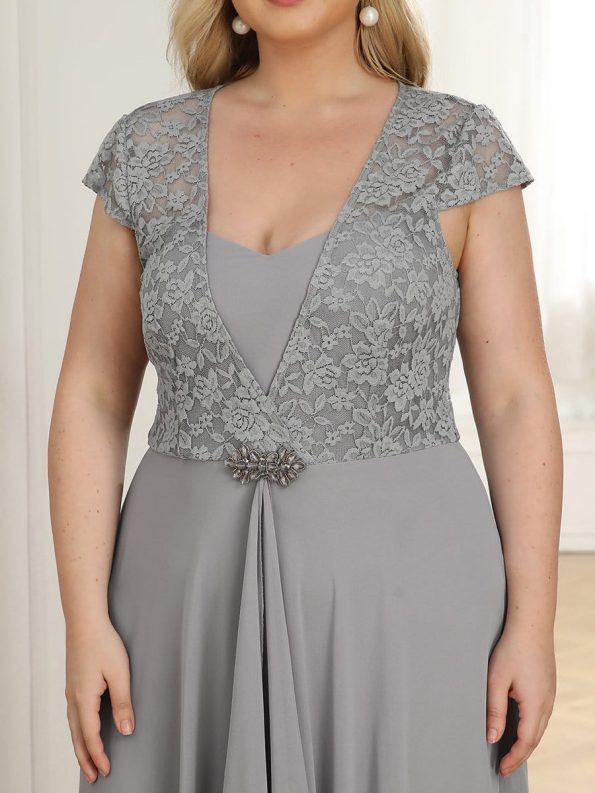 Plus Size Cap Sleeve Maxi Evening Dress for Wedding Guest - Grey