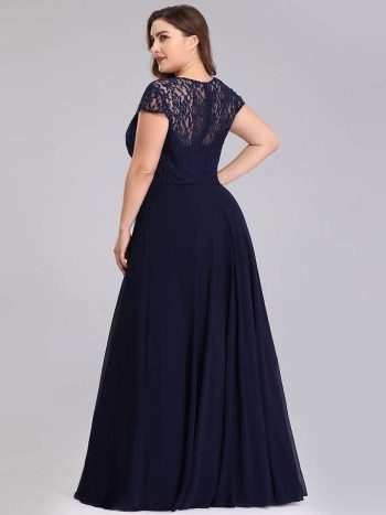 Plus Size Cap Sleeve Maxi Evening Dress for Wedding Guest - Navy Blue