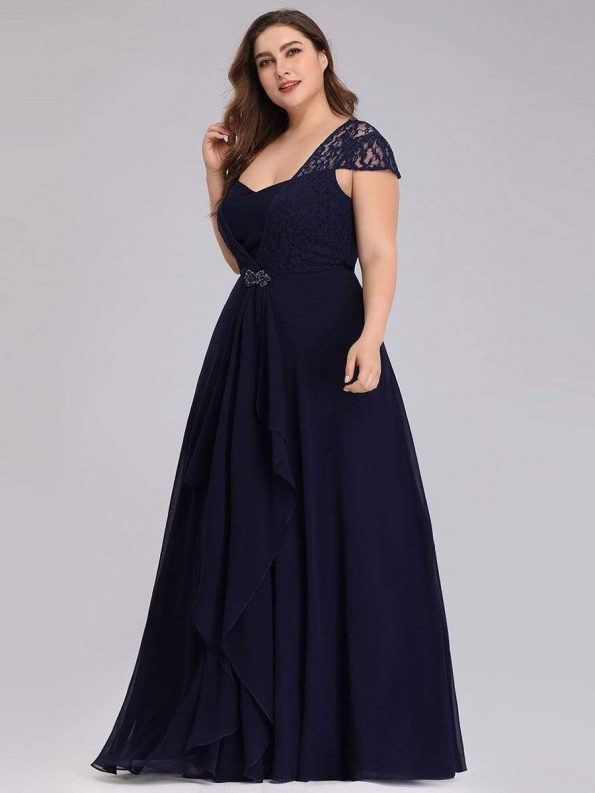 Plus Size Cap Sleeve Maxi Evening Dress for Wedding Guest - Navy Blue