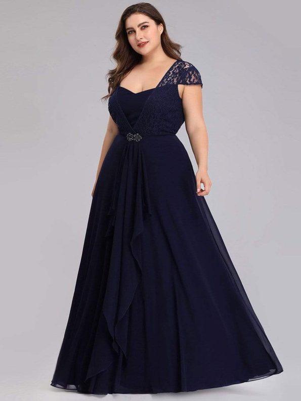 Plus Size Cap Sleeve Maxi Evening Dress for Wedding Guest - Navy Blue