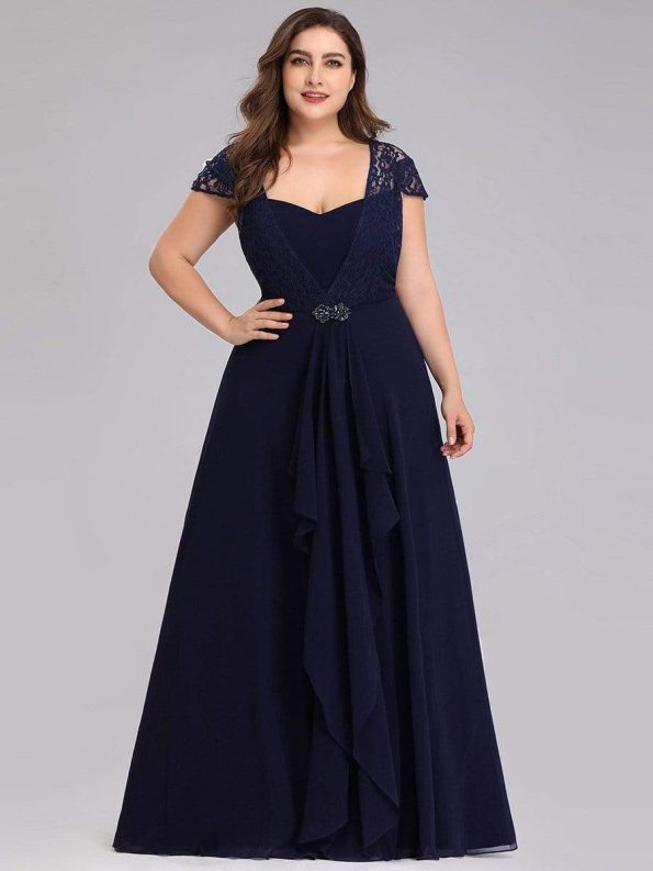 Plus Size Cap Sleeve Maxi Evening Dress for Wedding Guest - Navy Blue