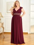 V-Neck Sleeveless Beaded Belt Chiffon A-Line Evening Dress – Burgundy