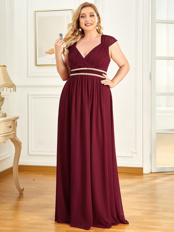 V-Neck Sleeveless Beaded Belt Chiffon A-Line Evening Dress - Burgundy