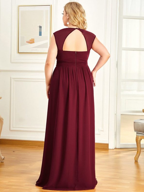 V-Neck Sleeveless Beaded Belt Chiffon A-Line Evening Dress - Burgundy