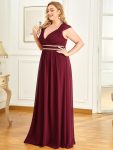 V-Neck Sleeveless Beaded Belt Chiffon A-Line Evening Dress – Burgundy