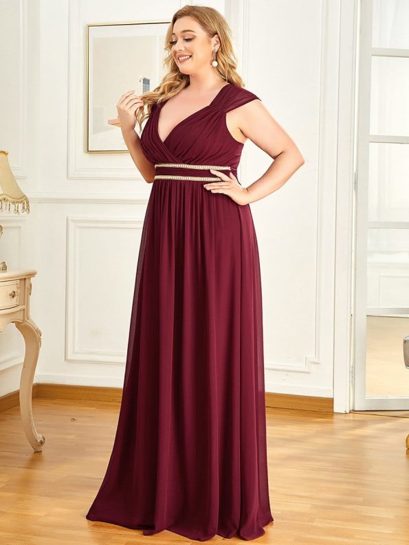 V-Neck Sleeveless Beaded Belt Chiffon A-Line Evening Dress - Burgundy