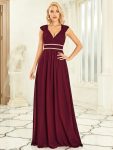 V-Neck Sleeveless Beaded Belt Chiffon A-Line Evening Dress – Burgundy