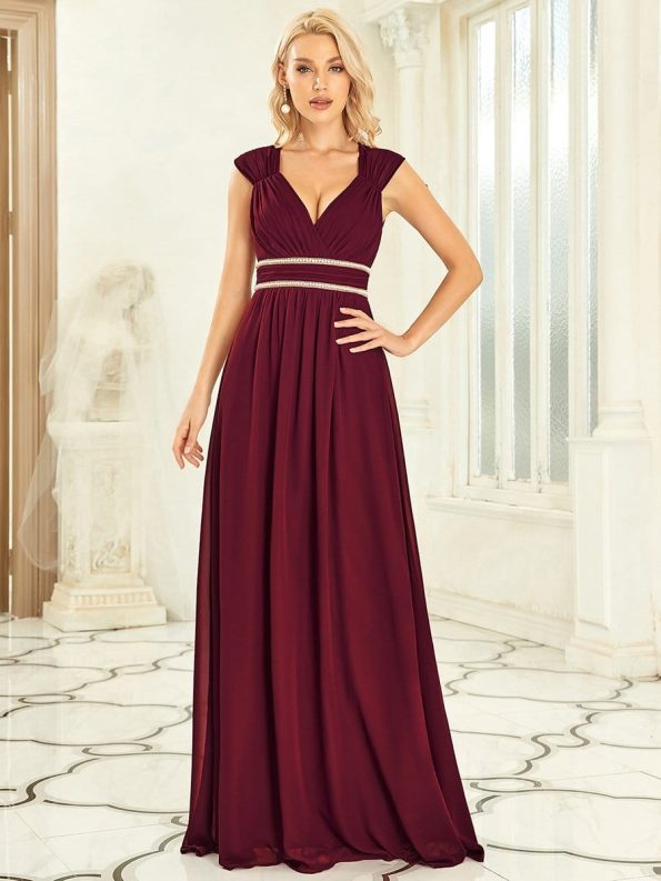 V-Neck Sleeveless Beaded Belt Chiffon A-Line Evening Dress - Burgundy