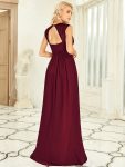 V-Neck Sleeveless Beaded Belt Chiffon A-Line Evening Dress – Burgundy