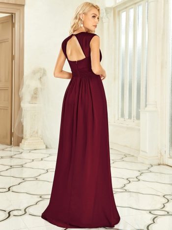 V-Neck Sleeveless Beaded Belt Chiffon A-Line Evening Dress - Burgundy