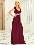 V-Neck Sleeveless Beaded Belt Chiffon A-Line Evening Dress – Burgundy