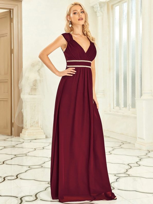 V-Neck Sleeveless Beaded Belt Chiffon A-Line Evening Dress - Burgundy