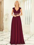 V-Neck Sleeveless Beaded Belt Chiffon A-Line Evening Dress – Burgundy