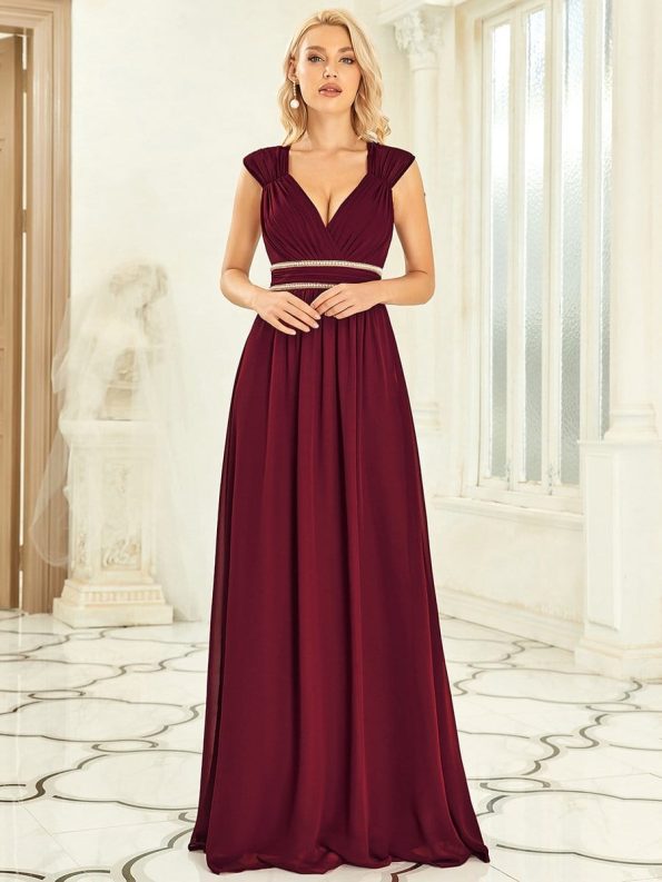 V-Neck Sleeveless Beaded Belt Chiffon A-Line Evening Dress - Burgundy