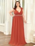 V-Neck Sleeveless Beaded Belt Chiffon A-Line Evening Dress – Burnt Orange