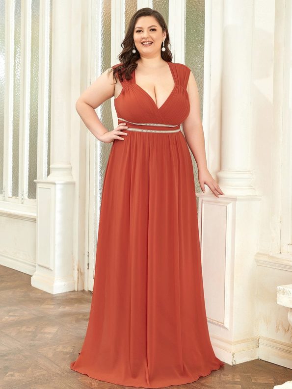 V-Neck Sleeveless Beaded Belt Chiffon A-Line Evening Dress - Burnt Orange