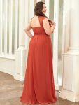 V-Neck Sleeveless Beaded Belt Chiffon A-Line Evening Dress – Burnt Orange