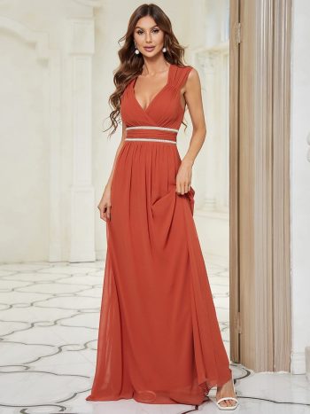 V-Neck Sleeveless Beaded Belt Chiffon A-Line Evening Dress - Burnt Orange