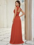 V-Neck Sleeveless Beaded Belt Chiffon A-Line Evening Dress – Burnt Orange