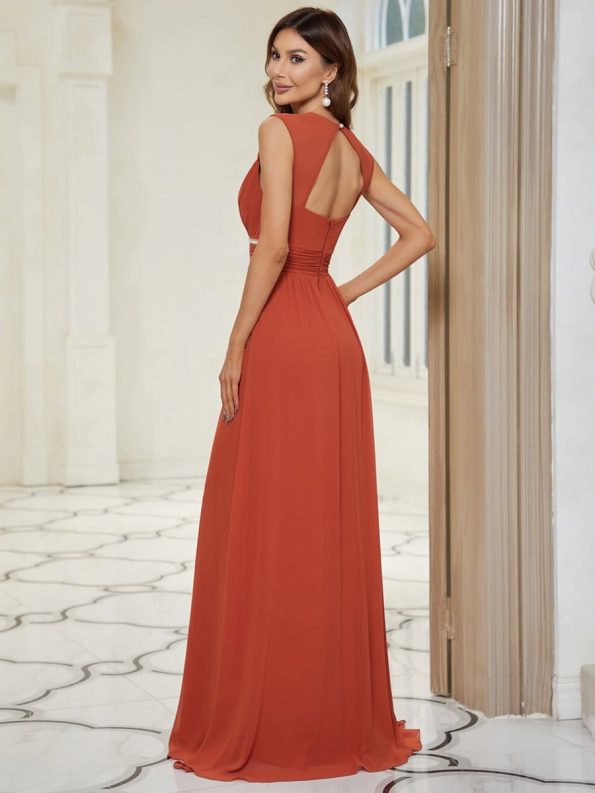 V-Neck Sleeveless Beaded Belt Chiffon A-Line Evening Dress - Burnt Orange