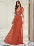 V-Neck Sleeveless Beaded Belt Chiffon A-Line Evening Dress – Burnt Orange