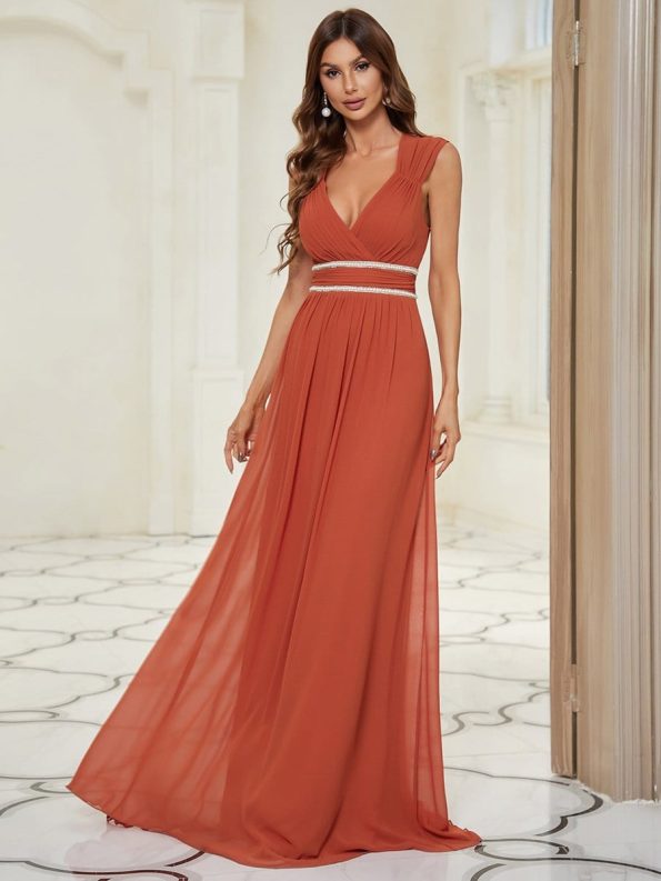 V-Neck Sleeveless Beaded Belt Chiffon A-Line Evening Dress - Burnt Orange