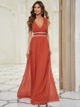 V-Neck Sleeveless Beaded Belt Chiffon A-Line Evening Dress – Burnt Orange