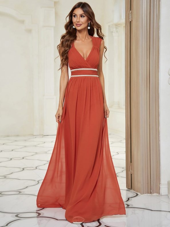 V-Neck Sleeveless Beaded Belt Chiffon A-Line Evening Dress - Burnt Orange