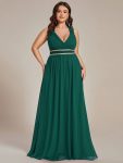 V-Neck Sleeveless Beaded Belt Chiffon A-Line Evening Dress – Dark Green