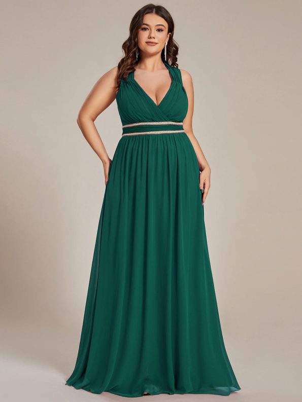 V-Neck Sleeveless Beaded Belt Chiffon A-Line Evening Dress - Dark Green