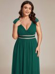 V-Neck Sleeveless Beaded Belt Chiffon A-Line Evening Dress – Dark Green