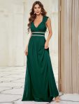 V-Neck Sleeveless Beaded Belt Chiffon A-Line Evening Dress – Dark Green