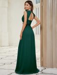 V-Neck Sleeveless Beaded Belt Chiffon A-Line Evening Dress – Dark Green