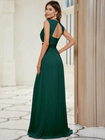 V-Neck Sleeveless Beaded Belt Chiffon A-Line Evening Dress - Dark Green