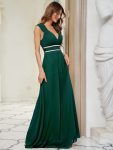 V-Neck Sleeveless Beaded Belt Chiffon A-Line Evening Dress – Dark Green