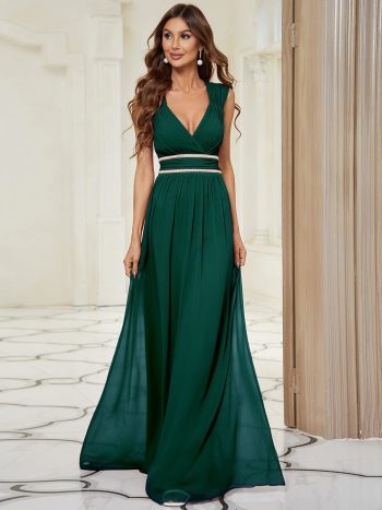 V-Neck Sleeveless Beaded Belt Chiffon A-Line Evening Dress - Dark Green